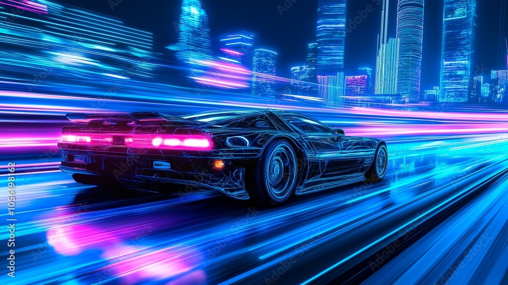 Sports car under neon lighting Sports car under neon lighting