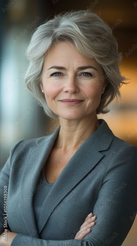 A professional woman exudes confidence with a warm smile while dressed in a gray suit. She stands in a contemporary office, creating an inviting atmosphere A professional woman exudes confidence with a warm smile while dressed in a gray suit. She stands in a contemporary office, creating an inviting atmosphere