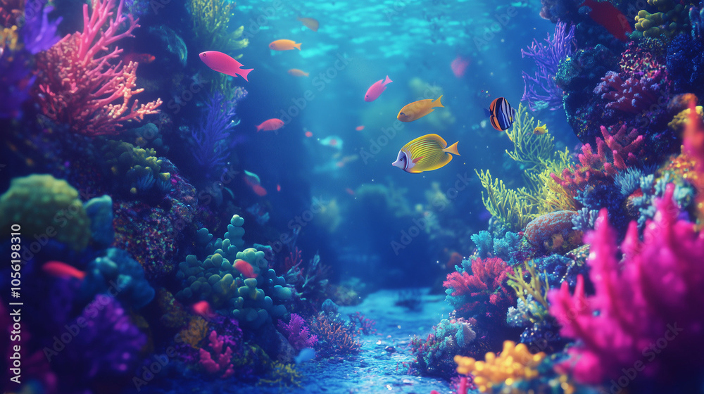 Fototapeta premium Vibrant underwater scene showcases tropical fish among colorful coral reefs, highlighting the beauty and diversity of marine life