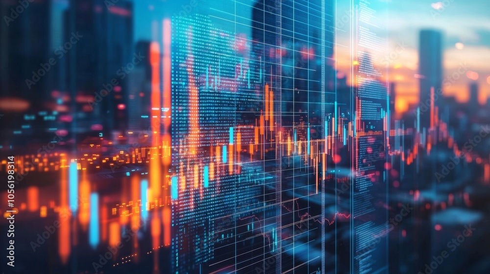 Data visualization with glowing charts and cityscape background Data visualization with glowing charts and cityscape background