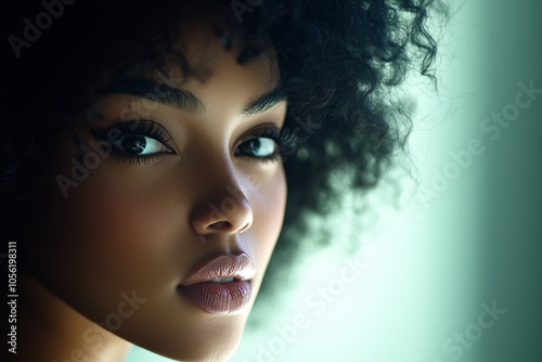 A woman with dark curly hair in a dimly lit room, soft shadows creating an intimate and mysterious atmosphere