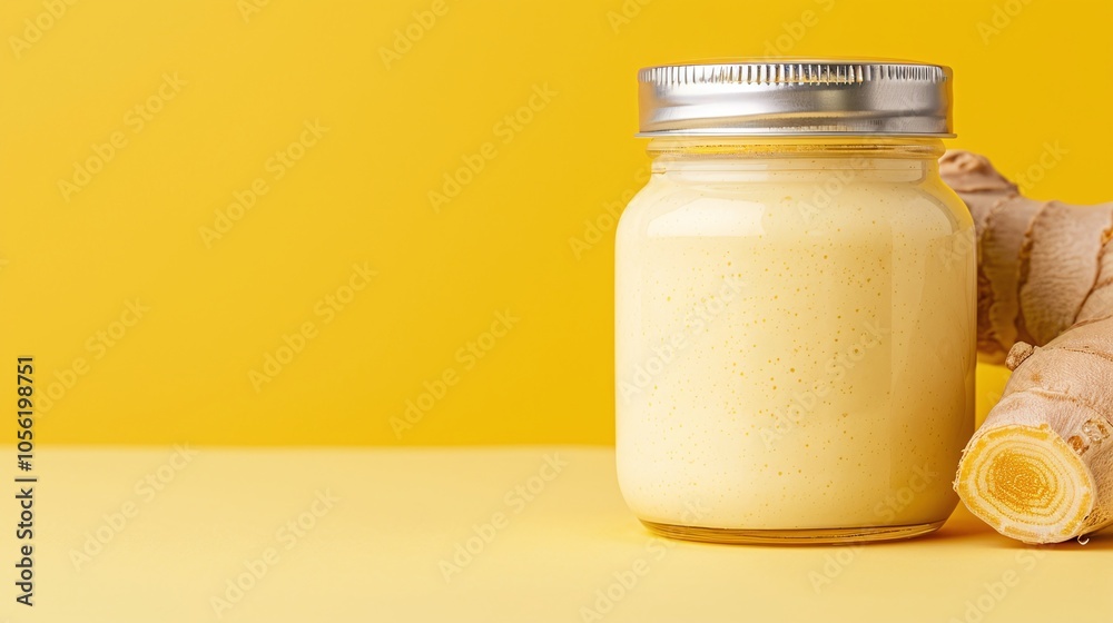 Creamy turmeric sauce in a glass jar with a silver lid, fresh turmeric roots, vibrant yellow background, bold and flavorful condiment, minimalistic food composition, healthy cooking ingredient

