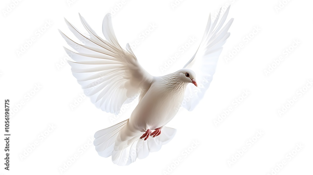 A white dove is flying against a white background.
A white dove is flying against a white background.