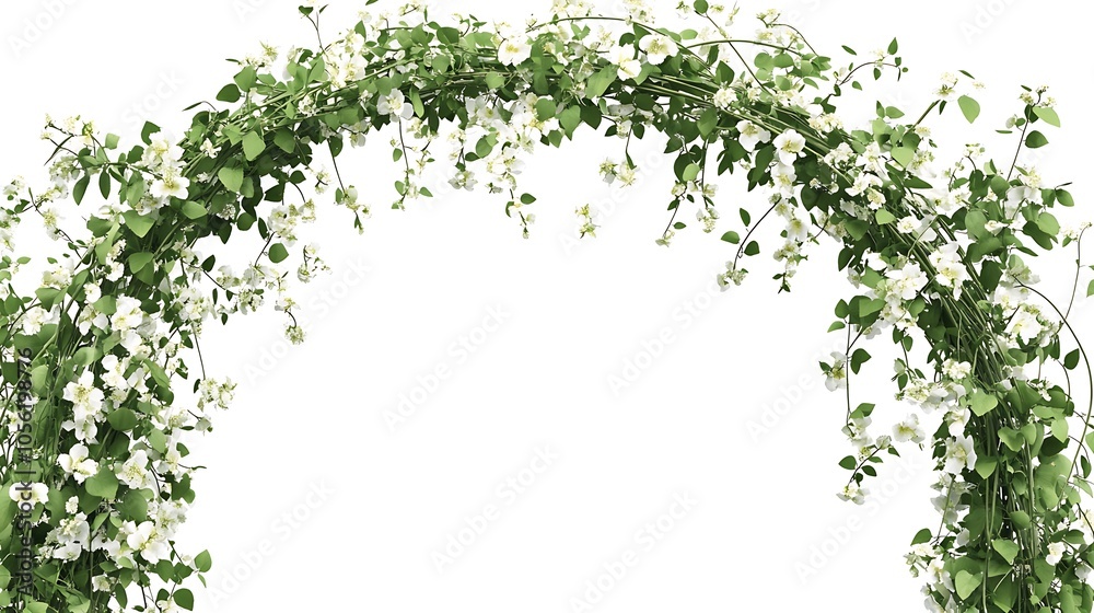 A light-pink rose and green vine archway against a white background.

