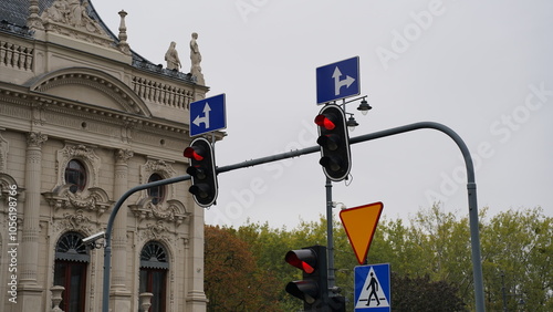 Traffic lights and road signs photo