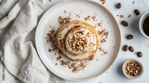 Cinnamon roll topped with maple glaze, isolated on a white ceramic plate, with crushed hazelnuts and a few coffee beans