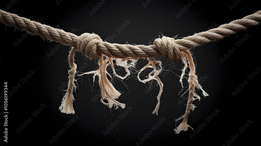 Twisted frayed rope about to snap, soft lighting, black background Twisted frayed rope about to snap, soft lighting, black background