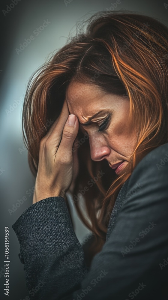 A woman holding her forehead looks troubled and distressed, reflecting the pressure of her corporate job while surrounded by an indoor office space A woman holding her forehead looks troubled and distressed, reflecting the pressure of her corporate job while surrounded by an indoor office space