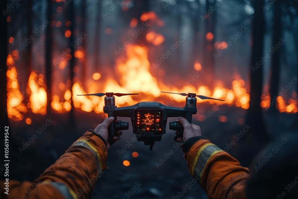 hoto-Realistic Close-Up of a Firefighter Operating a Drone to Detect Fire Spots in a Forest, hoto-Realistic Close-Up of a Firefighter Operating a Drone to Detect Fire Spots in a Forest,