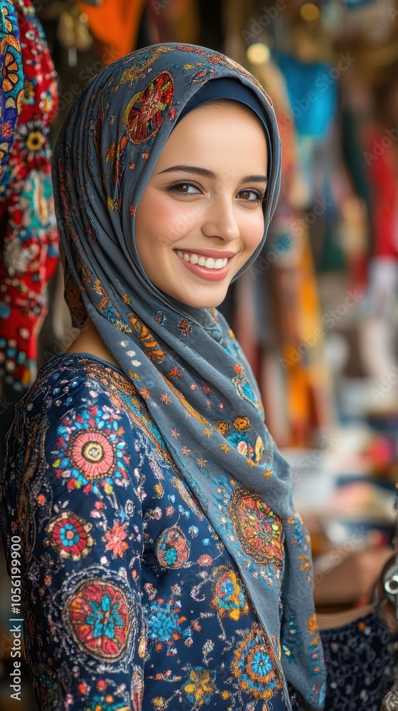 A smiling woman dressed in a detailed traditional outfit stands amidst a lively market filled with various colorful textiles and handmade crafts, enjoying the atmosphere A smiling woman dressed in a detailed traditional outfit stands amidst a lively market filled with various colorful textiles and handmade crafts, enjoying the atmosphere