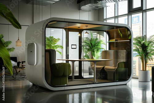 Modern open-plan office with a stylish meeting pod featuring contemporary furniture, glass partitions, and green plants creating a collaborative workspace. Generative AI tools photo