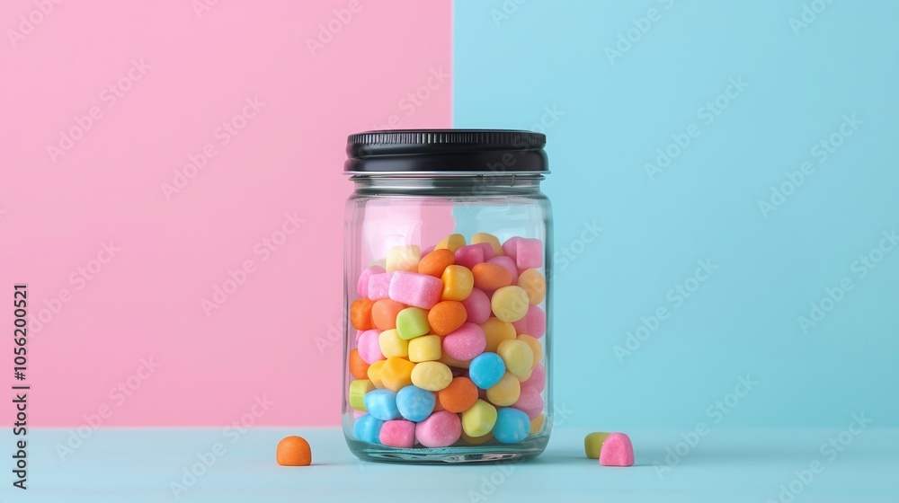 Jar of colorful candy pieces on pink and blue background, vibrant sweets in glass container, minimalistic design, cheerful candy jar, copy space for text
Jar of colorful candy pieces on pink and blue background, vibrant sweets in glass container, minimalistic design, cheerful candy jar, copy space for text