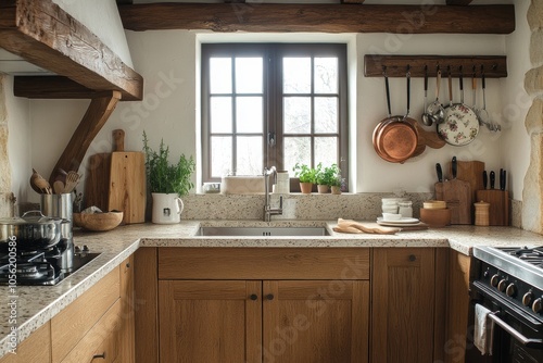 rustic french kitchen, french country kitchen with wooden beams, rustic pot rack, solid wood, granite textures, and delicate floral patterns