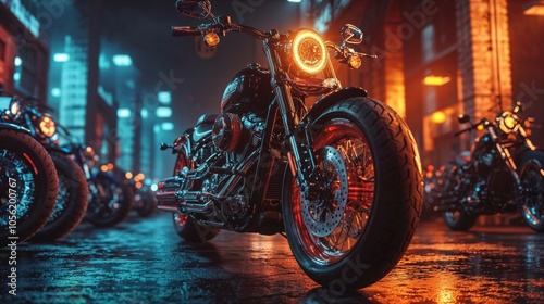 A row of shiny motorcycles are parked on a slick wet street at night photo