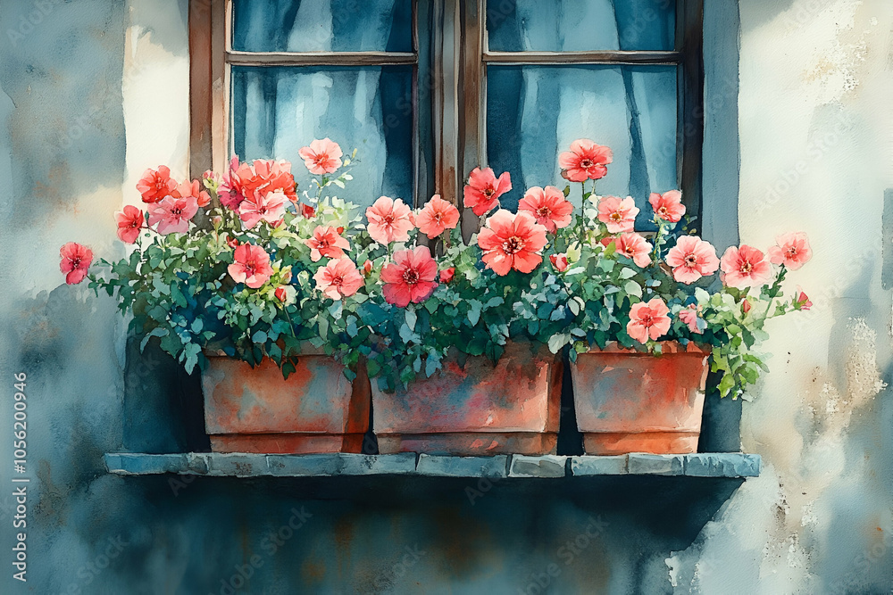 A serene window adorned with blooming pink flowers in terracotta pots, bringing color and life to a rustic wall. A serene window adorned with blooming pink flowers in terracotta pots, bringing color and life to a rustic wall.