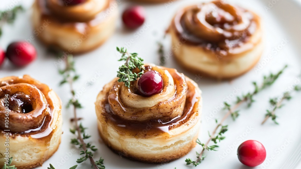 Mini cinnamon rolls with caramel drizzle, isolated on a bright white porcelain, with a sprig of thyme and fresh cranberries Mini cinnamon rolls with caramel drizzle, isolated on a bright white porcelain, with a sprig of thyme and fresh cranberries