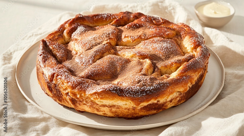 Oversized cinnamon roll with caramelized edges, isolated on a light beige linen, with a touch of butter and cinnamon powder Oversized cinnamon roll with caramelized edges, isolated on a light beige linen, with a touch of butter and cinnamon powder