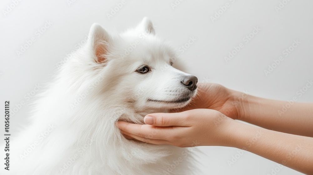 A close-up of a fluffy white dog being gently held by a person's hands against a minimalistic background A close-up of a fluffy white dog being gently held by a person's hands against a minimalistic background