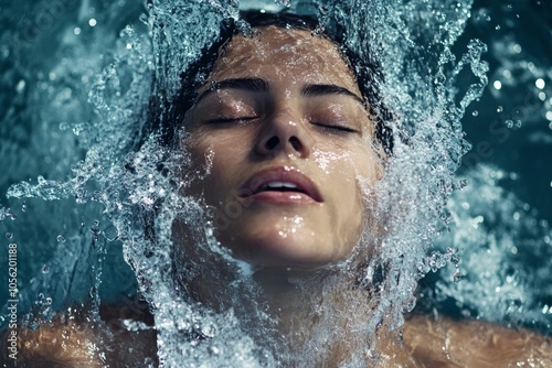 female swimmer or diver emerging from a pool, water cascading down her face and shoulders, minimal background with copy space