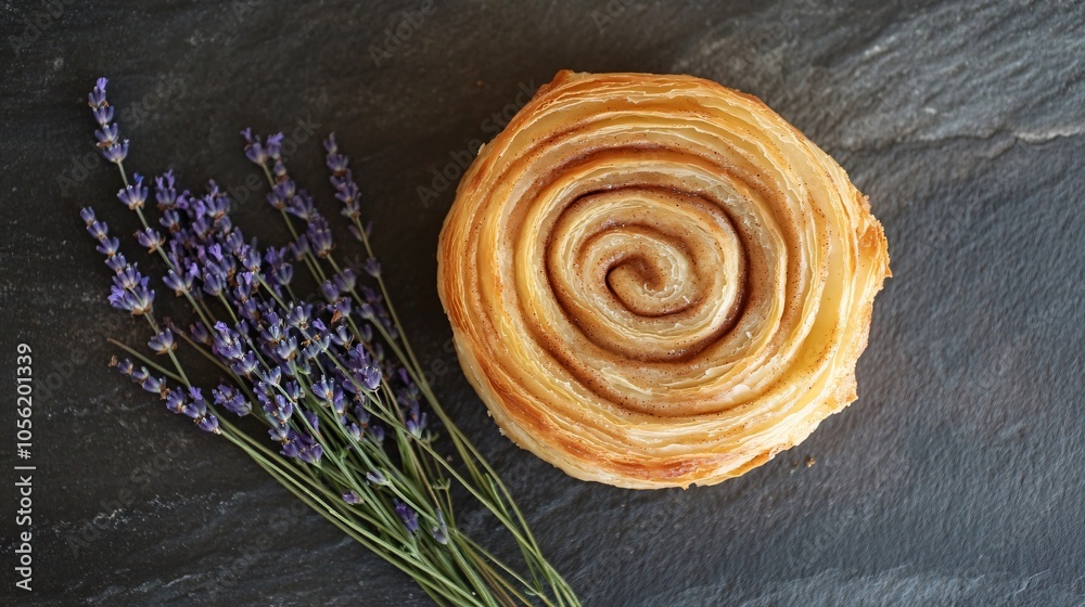 Fototapeta premium Round cinnamon roll with thick, buttery layers, isolated on a smooth slate surface, with a few sprigs of lavender