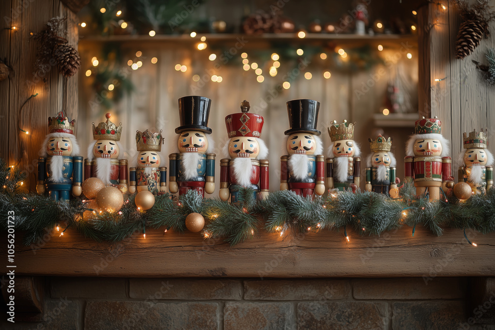 Whimsical nutcracker collection displayed on a festive mantel during winter