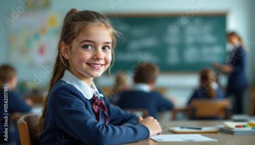 young female student at a Catholic school setting, learning and progressing in classroom activities