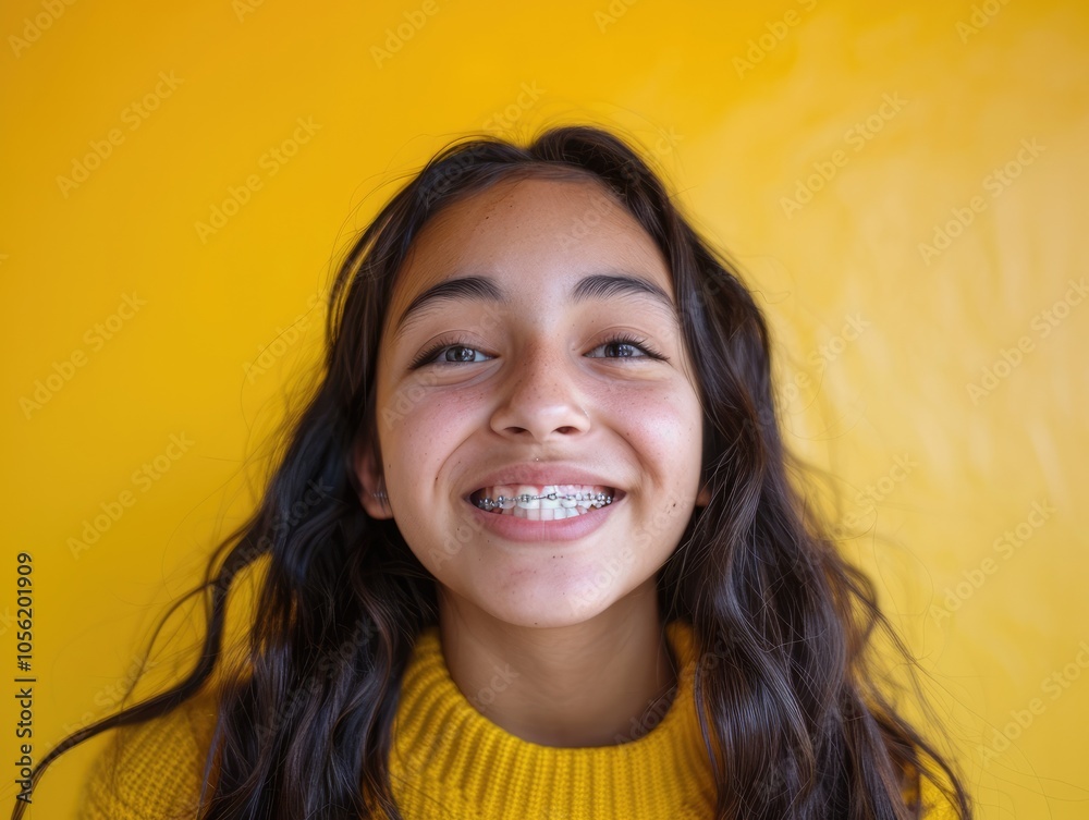 Smiling Girl with Braces on Solid Background Smiling Girl with Braces on Solid Background