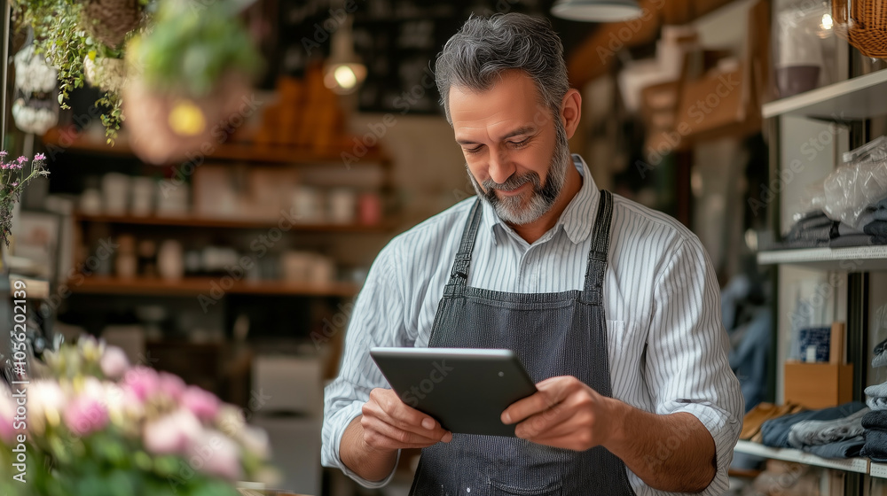 Smiling mature male entrepreneur in apron using digital tablet to manage his small business Smiling mature male entrepreneur in apron using digital tablet to manage his small business
