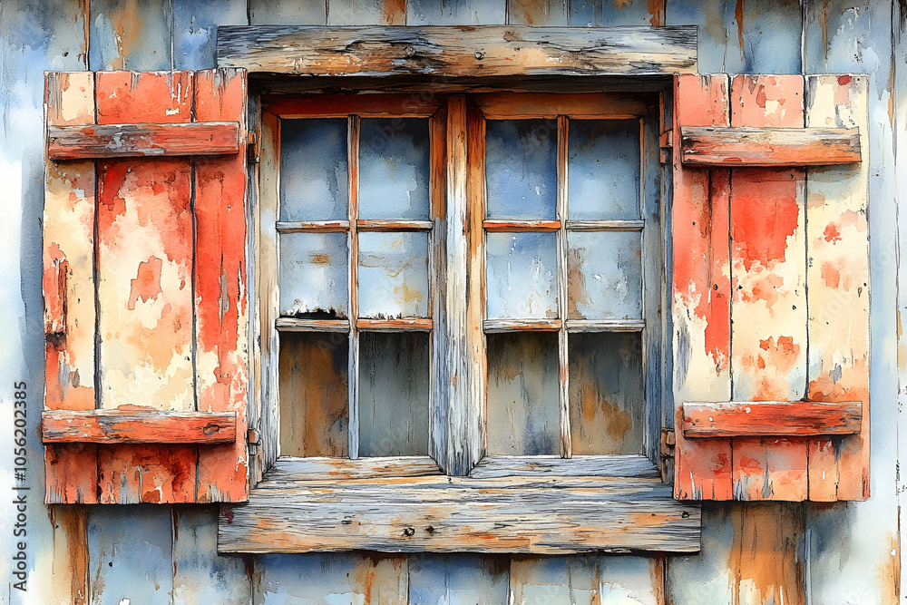 A rustic wooden window with colorful shutters, showcasing weathered textures and a charming, vintage aesthetic. A rustic wooden window with colorful shutters, showcasing weathered textures and a charming, vintage aesthetic.