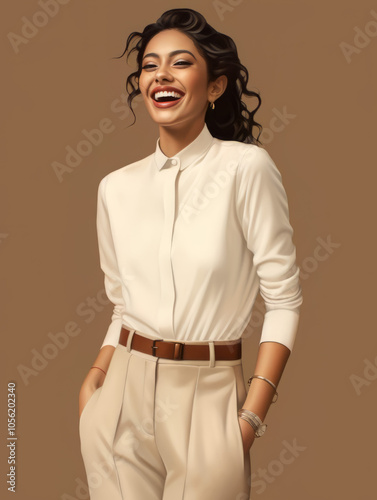 smilling woman, fashion editorial, modern, minimalist, natural skin, full body portrait extremely detailed, ultra-detailed, ultra realistic, perfect teeth, subtel beige tonal range background photo