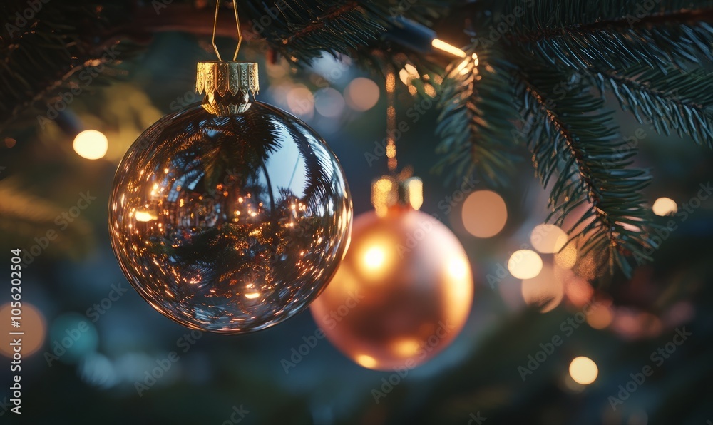 Close-up of delicate glass Christmas ornaments hanging on a fir tree branch, reflecting the soft glow of fairy lights. Close-up of delicate glass Christmas ornaments hanging on a fir tree branch, reflecting the soft glow of fairy lights.