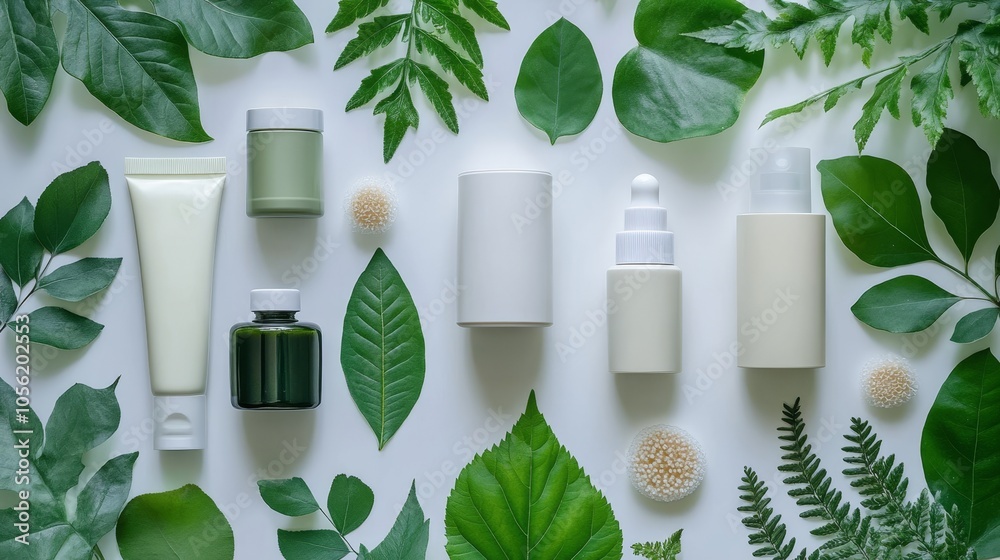 A flat lay arrangement of green leaves and various eco-friendly skincare products on a white background A flat lay arrangement of green leaves and various eco-friendly skincare products on a white background