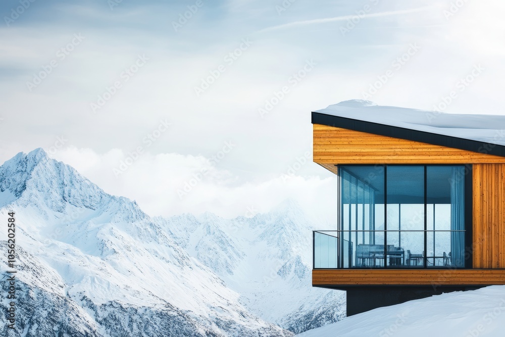modern ski lodge with large glass windows overlooking snow-covered peaks, minimal background with copy space in winter mountains, travel skiing and snowboarding modern ski lodge with large glass windows overlooking snow-covered peaks, minimal background with copy space in winter mountains, travel skiing and snowboarding