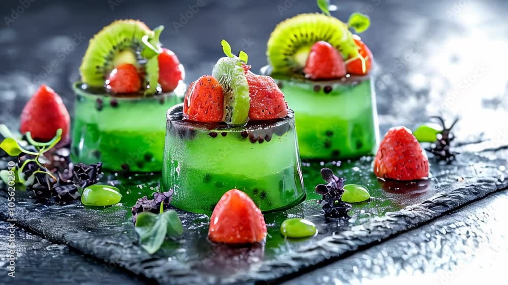 Delicious green gelatin desserts topped with fresh strawberries and kiwi served on a dark slate platter in a bright kitchen setting Delicious green gelatin desserts topped with fresh strawberries and kiwi served on a dark slate platter in a bright kitchen setting