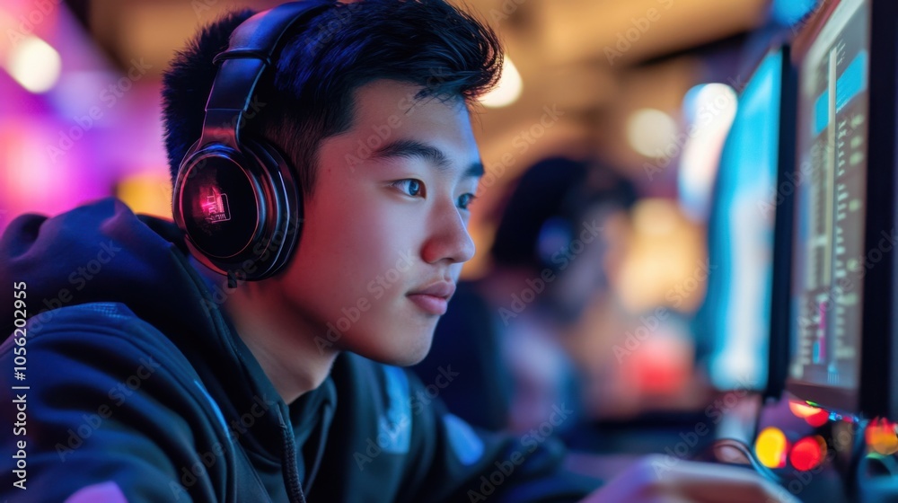 Student with headphones attending virtual training class Student with headphones attending virtual training class