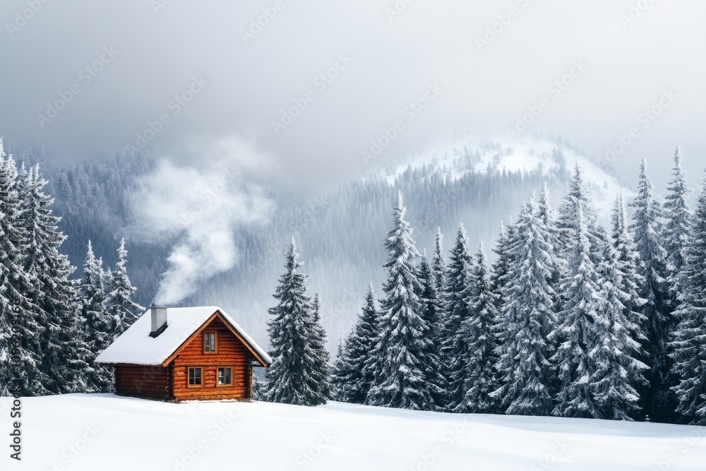 Fototapeta premium rustic wooden cabin surrounded by snow covered pine trees, smoke gently rising from the chimney, minimal background with copy space at daytime in the forest