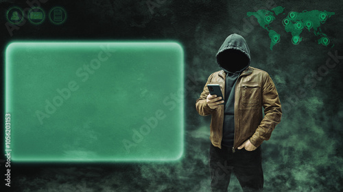 Faceless, anonymous hacker in a hoodie and leather jacket, standing with a smartphone against a dark background with empty space for text. Copy space