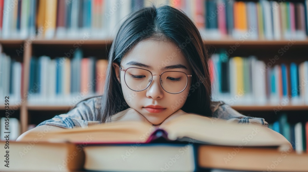 Student girl studying for exams at library Student girl studying for exams at library