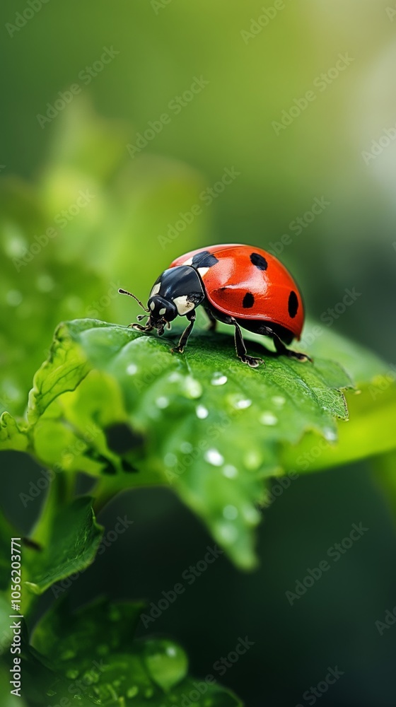 Bright red ladybug black spots resting dew-covered green leaf natural Bright red ladybug black spots resting dew-covered green leaf natural