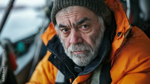 45 years old man, weathered face with lines of determination, salt-and-pepper beard, Likely wearing heavy-duty Arctic research gear