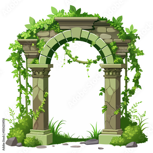 A stone archway overgrown with ivy and greenery, perfect for adding a touch of fantasy or rustic charm to your designs.  This whimsical illustration is ideal for game design.