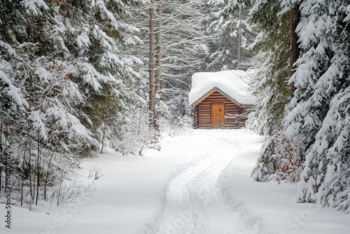 snow covered trail path leading to a hidden wooden cottage core cabin in a dense pine forest, minimal background with copy space