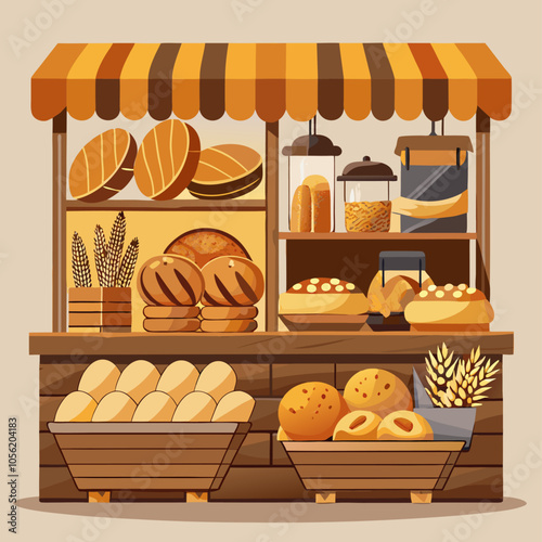 A charming illustration of a bakery stall, filled with fresh bread and pastries. The scene features a striped awning, wooden shelves, and baskets brimming with delicious treats.