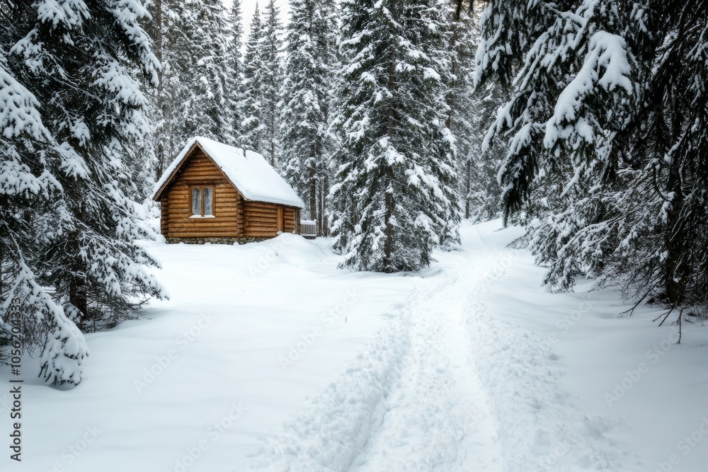 snow covered trail path leading to a hidden wooden cottage core cabin in a dense pine forest, minimal background with copy space