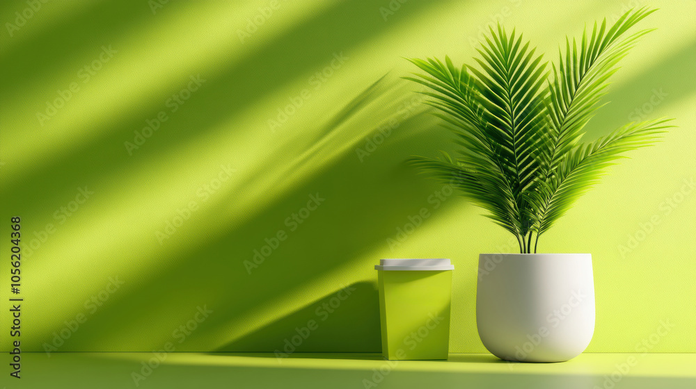 Potted palm and green cup against a vibrant lime background, AI Potted palm and green cup against a vibrant lime background, AI
