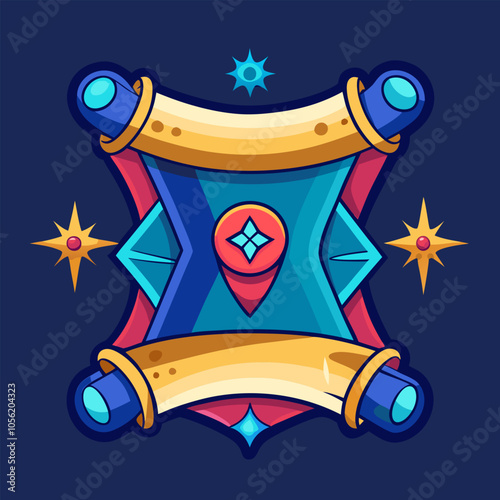A vibrant, cartoon-style illustration of a magical scroll with celestial elements. Perfect for fantasy and adventure themes, this eye-catching design is ideal for games, branding.