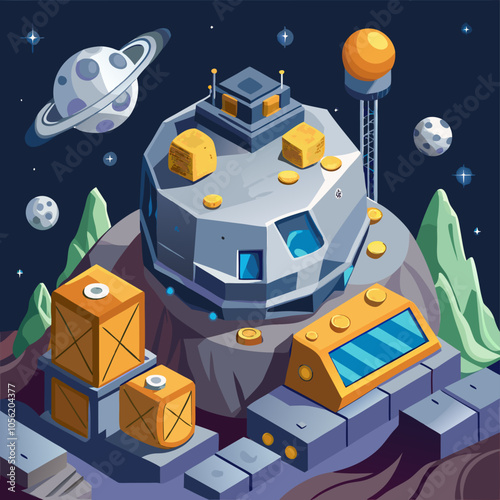 An isometric illustration of a futuristic space station on a rocky asteroid, surrounded by planets and stars, perfect for science fiction themes, video games, or space exploration projects.