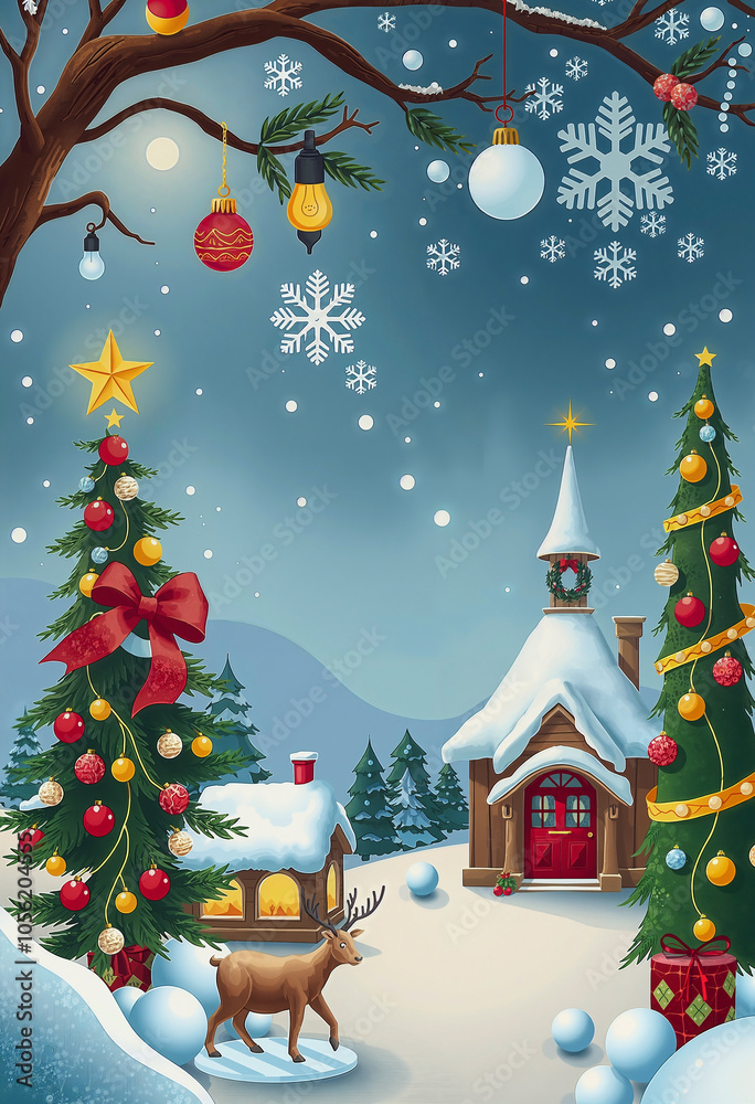 The image depicts a festive winter scene with a snow-covered village, decorated Christmas trees, and a deer in the foreground. The image depicts a festive winter scene with a snow-covered village, decorated Christmas trees, and a deer in the foreground.