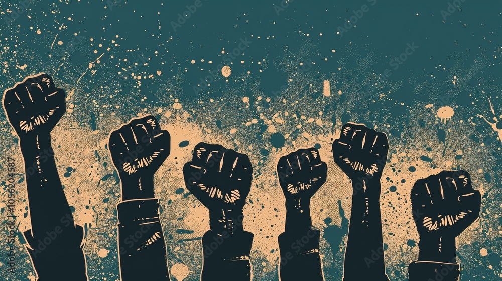 Activists raising hands showing solidarity background image. Social movement symbol 2d illustration wallpaper picture backdrop. Riot concept for business presentation corporate