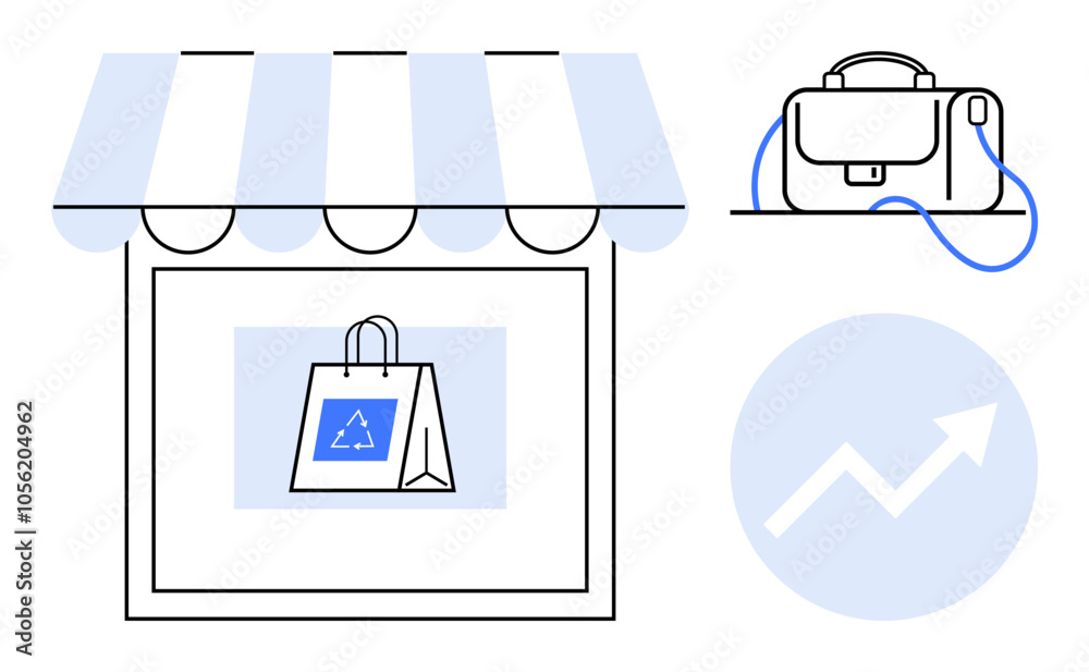 Storefront with eco-friendly shopping bag, briefcase on shelf, and growth arrow symbol. Ideal for retail, ecommerce, sustainability, business growth, marketing, corporate communications Storefront with eco-friendly shopping bag, briefcase on shelf, and growth arrow symbol. Ideal for retail, ecommerce, sustainability, business growth, marketing, corporate communications